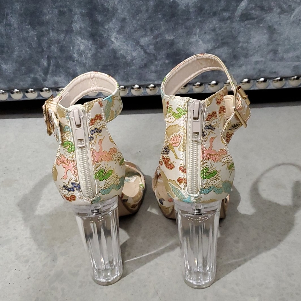 Bird Print Ankle Strap Translucent Block Heels - image 5